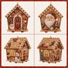 A set of DIY pearl art Christmas cottage ornaments featuring festive holiday scenes and rustic wooden houses.