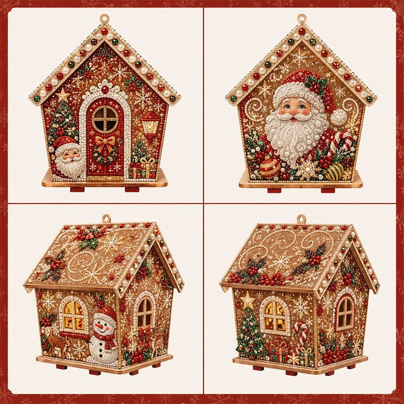 A set of DIY pearl art Christmas cottage ornaments featuring festive holiday scenes and rustic wooden houses.