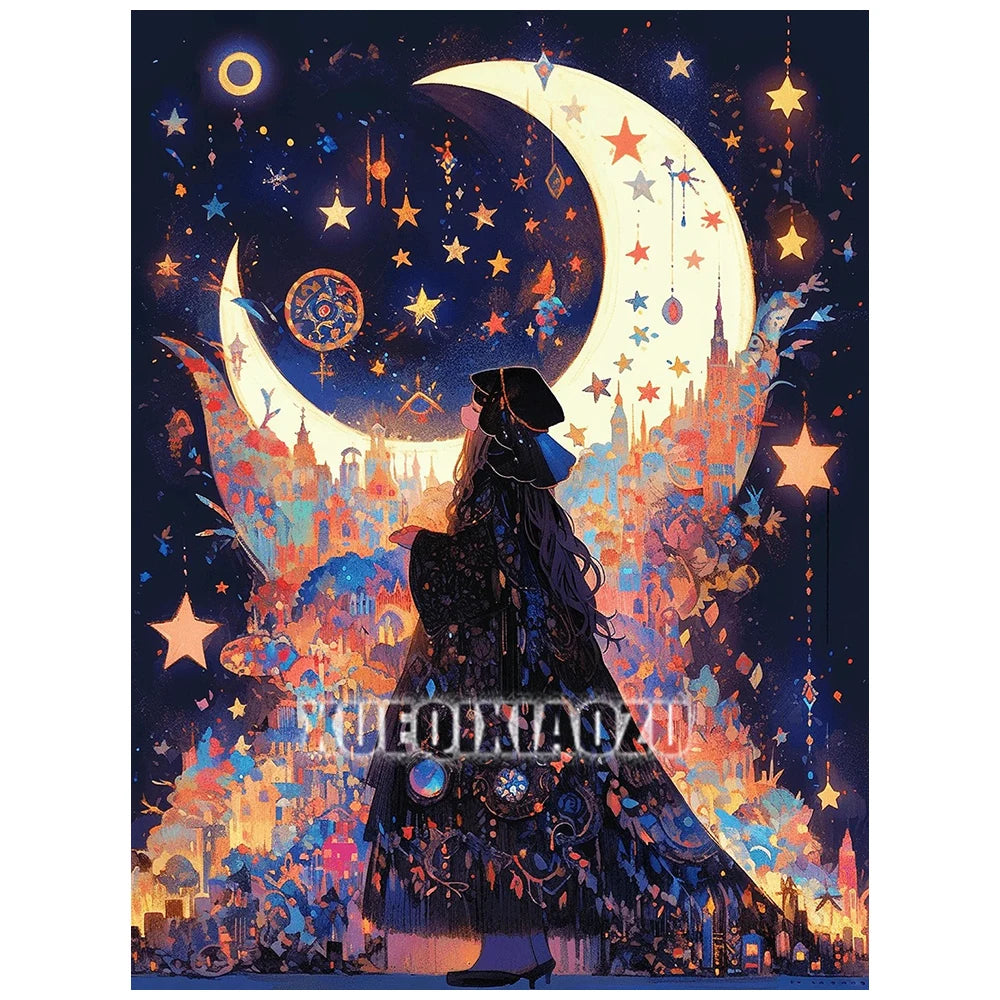 A detailed diamond painting artwork featuring a silhouette of a woman against a cosmic background with a large crescent moon 