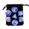 A set of twelve translucent blue and purple polyhedral dice stored in a black fabric bag.