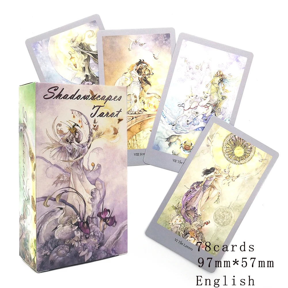 A box of Shadowscapes Tarot cards featuring various illustrated cards and a stack of the cards.