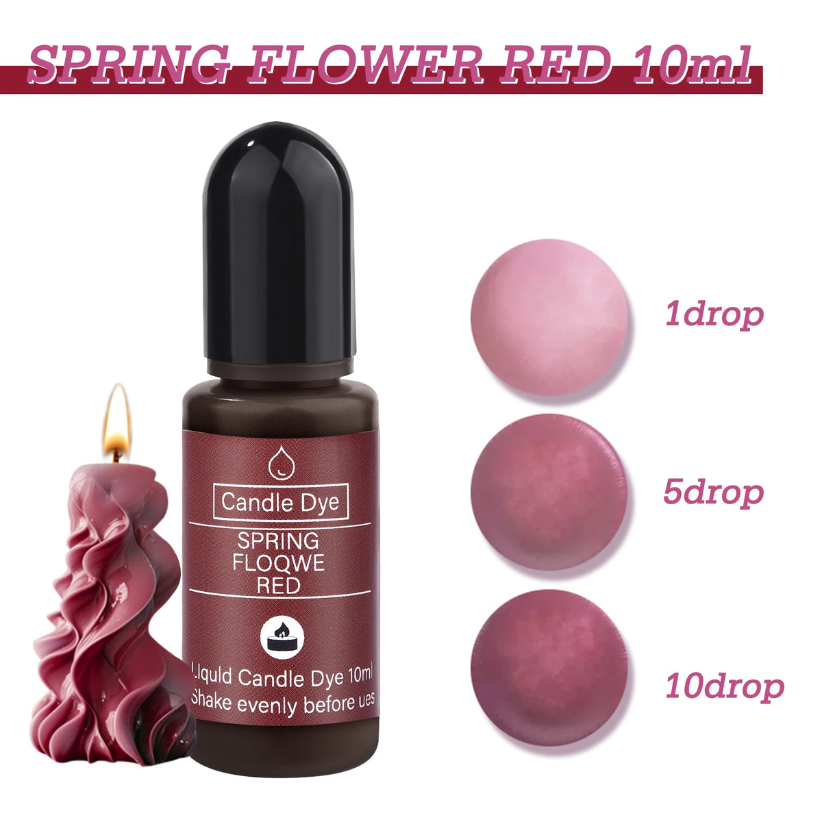 A bottle of Spring Flower Red 10ml candle dye with dropper, showing single, five, and ten drops.