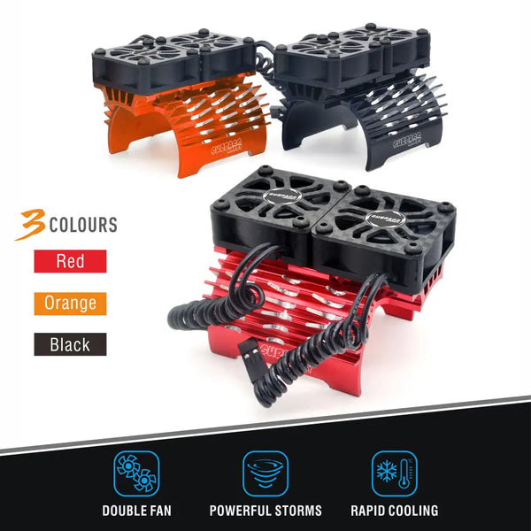 Three versions of a high-performance metal cooling fan for RC vehicles in red, orange, and black.