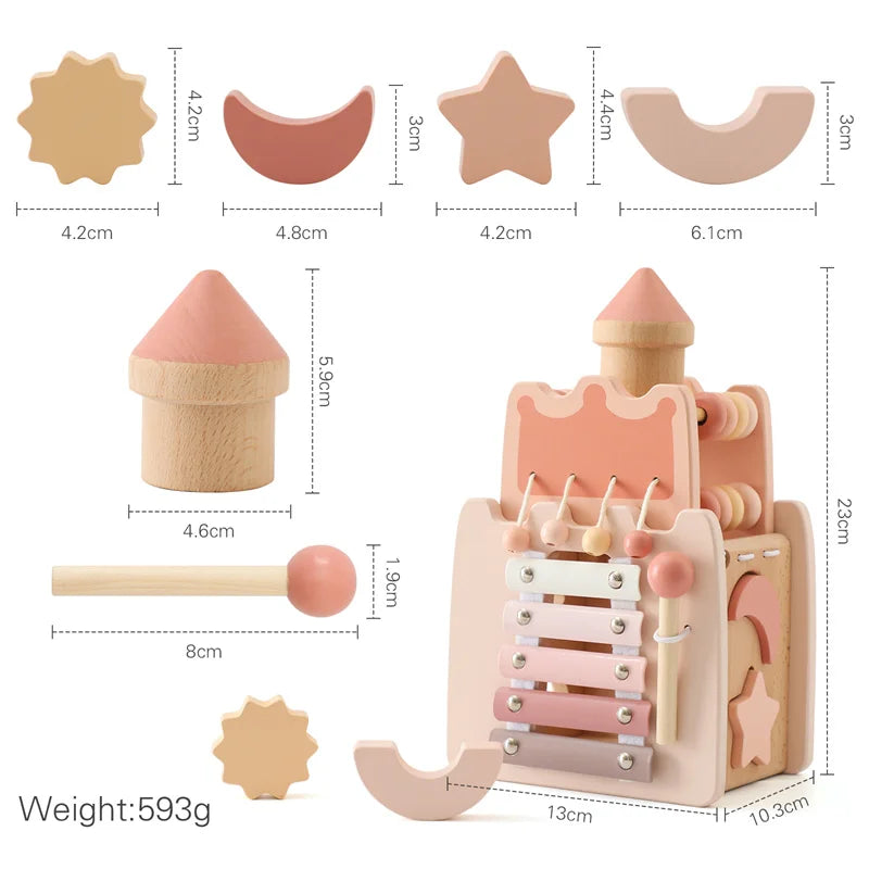 A wooden mushroom castle stacking toy set featuring various shapes and puzzle pieces for children.