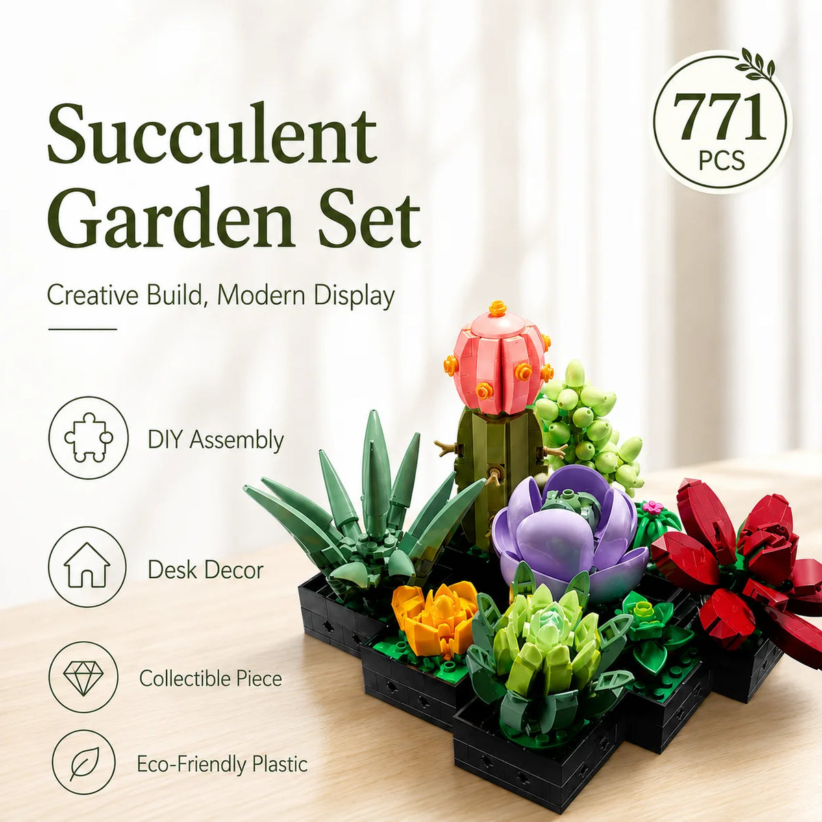 A succulent garden set featuring various green and purple plants built into a modern display kit.