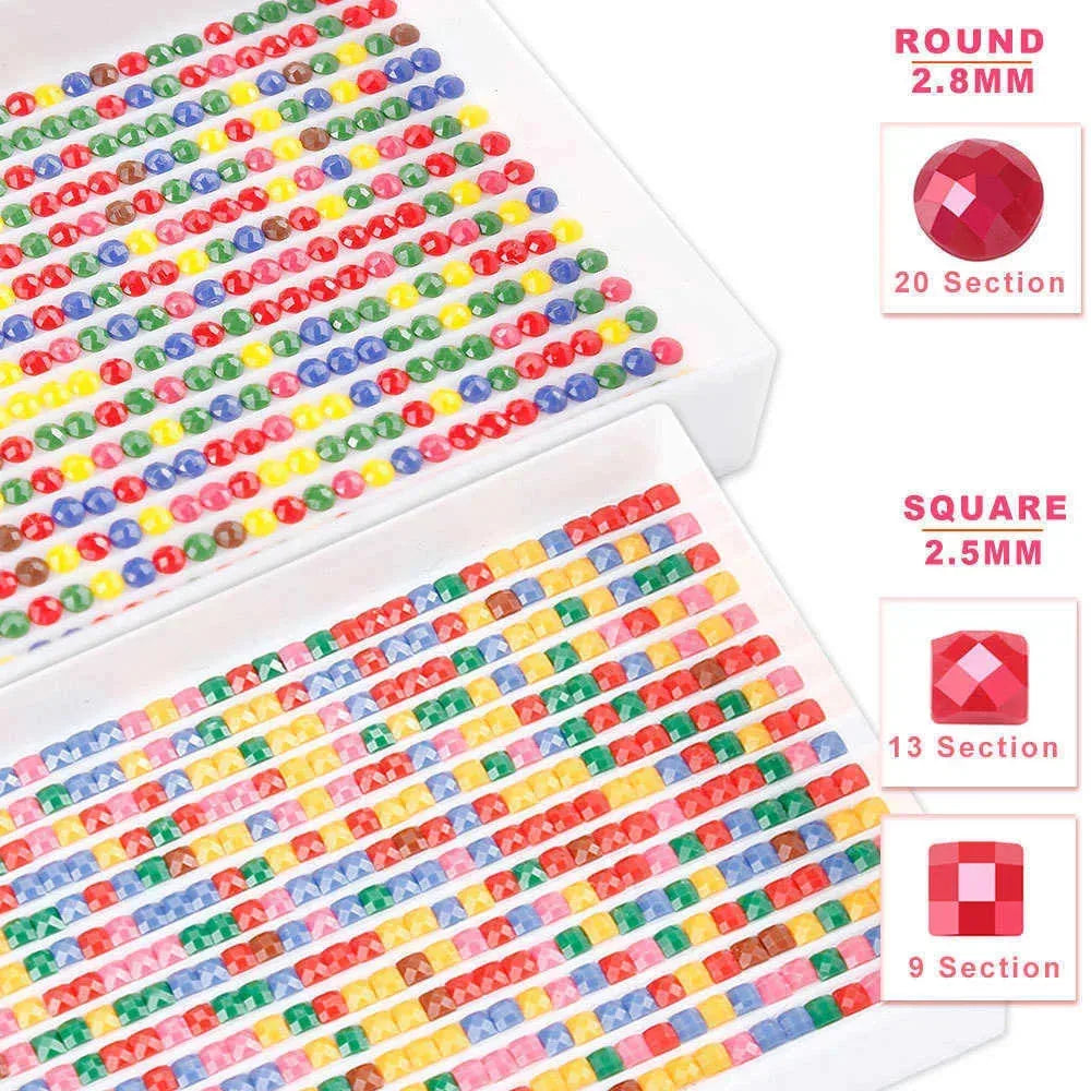 A close-up view of a colorful landscape diamond painting kit showing various sections of colored gems.