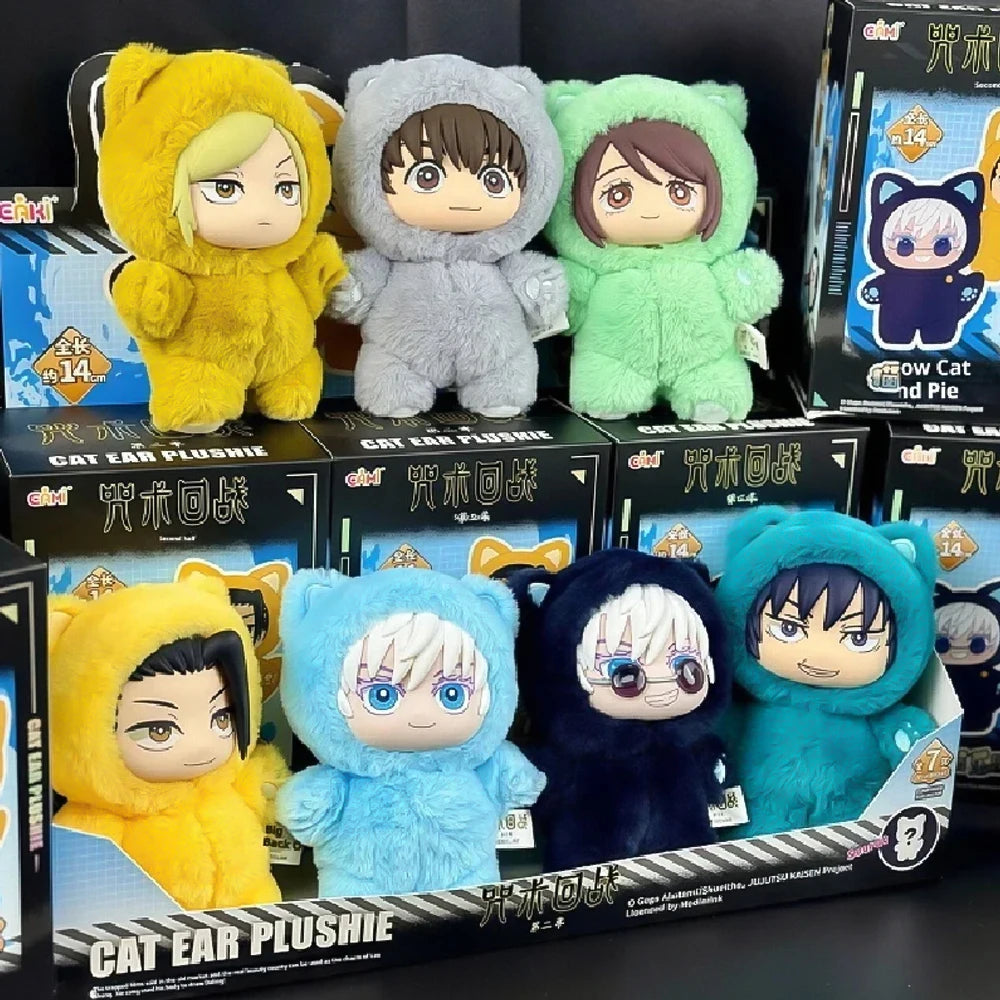 A collection of various Cat Ear Plushies featuring characters from Jujutsu Kaisen in yellow, gray, green, and blue.