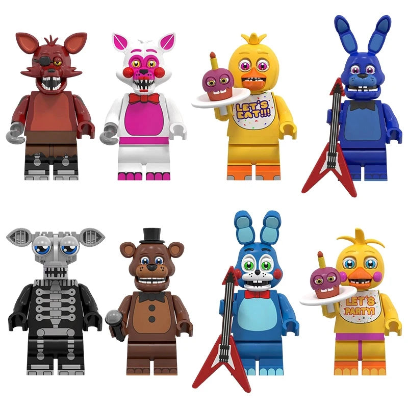 A collection of Five Nights at Freddy's Bonnie and friends mini building block figures featuring various characters like Fred