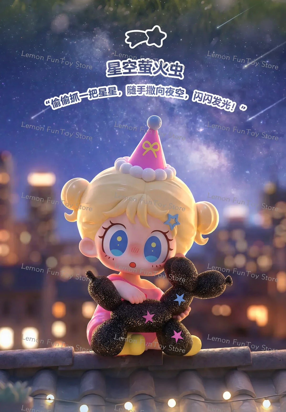 A cute figurine of a blonde character with pink hair and large blue eyes holding a black puppy, set against a blurred outdoor