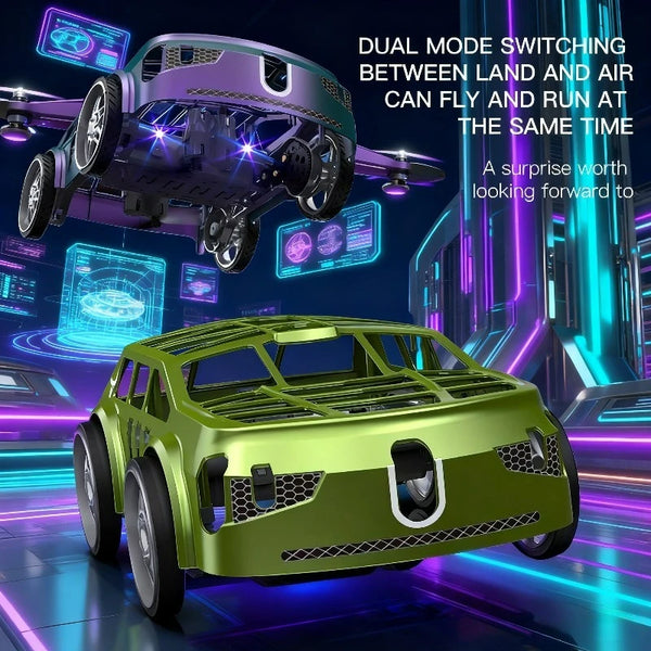 Vihreä RC-autodrone ja violetti kaksitoiminen lentävä konseptiajoneuvo.