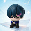 A figure of a male character with blue hair and purple accents, displayed on a transparent surface.