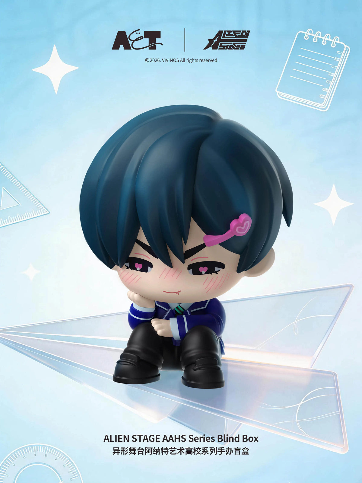 A figure of a male character with blue hair and purple accents, displayed on a transparent surface.