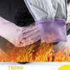 A stack of purple and gray fleece pants is shown next to a bright orange flame background.