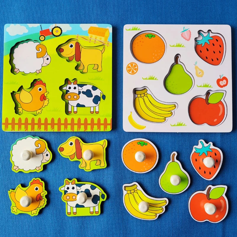 A set of wooden geometry puzzles featuring farm animals like a sheep, pig, cow, and chicken.