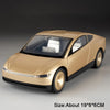 Goldfarbenes, gestanztes Modell eines futuristischen Robotaxis mit transparentem Dach und Rädern.