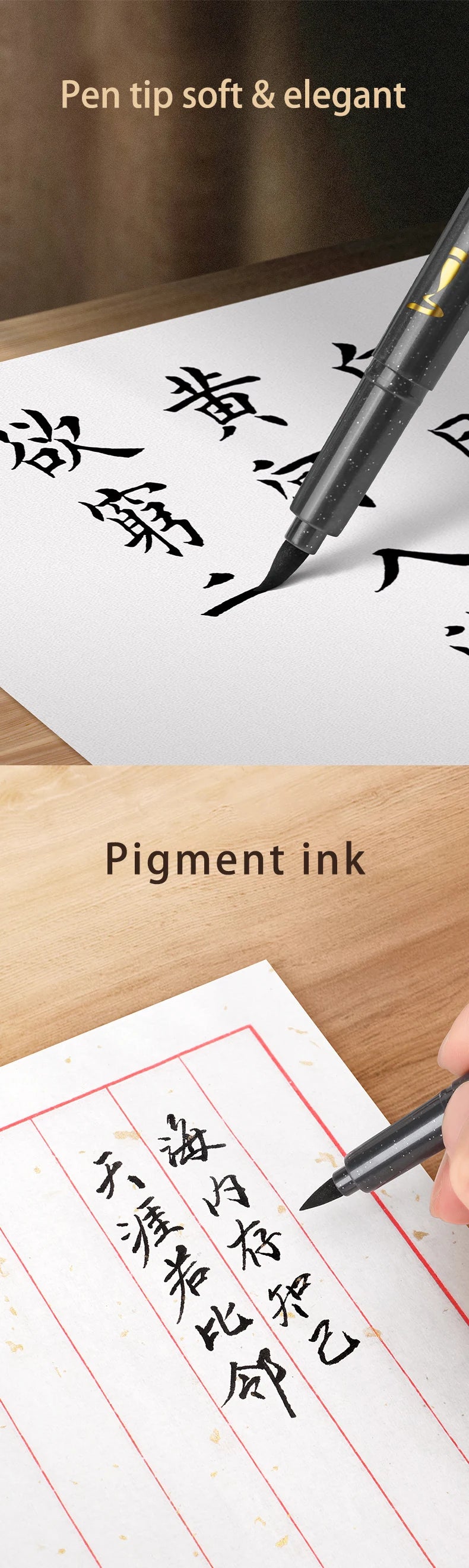 A close-up of a black pen writing Chinese calligraphy on white paper, demonstrating the soft and elegant tip of the brush pen