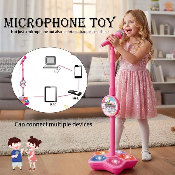 A young girl is holding a pink microphone toy with an LED light and stand, demonstrating its ability to connect multiple devi