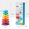A colorful rainbow spinning stacking tower for toddlers shown next to its dimensions.