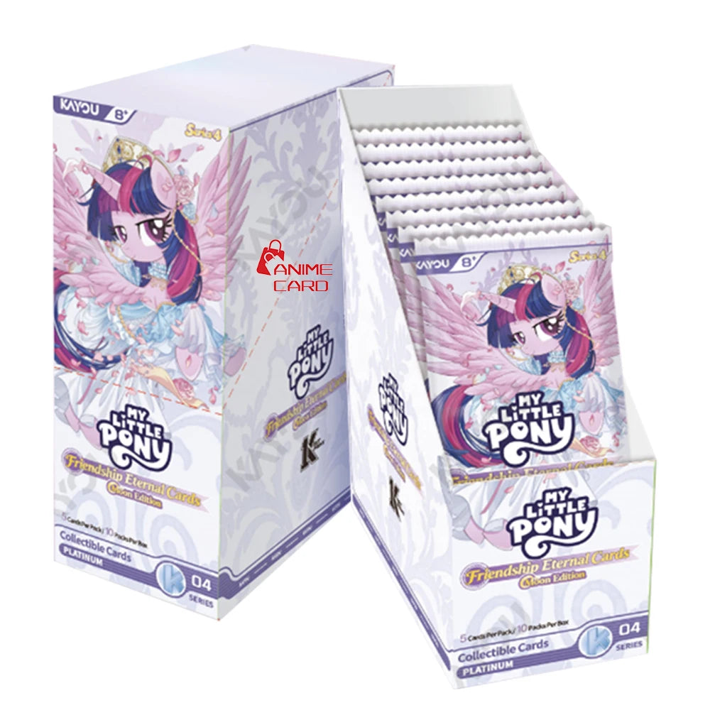 A box of My Little Pony Friendship Eternal cards in the Platinum series, showing a stack of collectible cards.