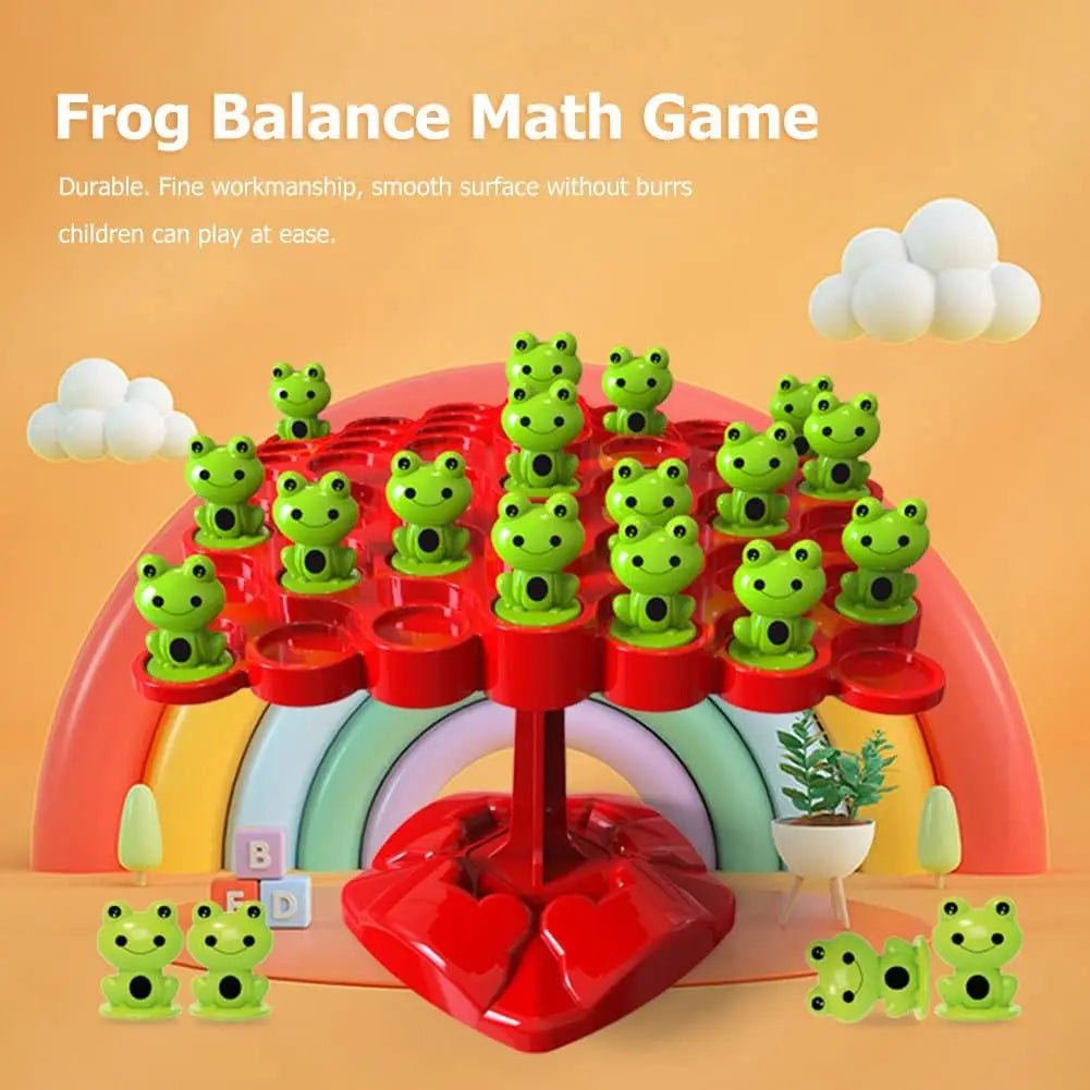 A red frog balance math game featuring green frogs arranged on a colorful arch structure.