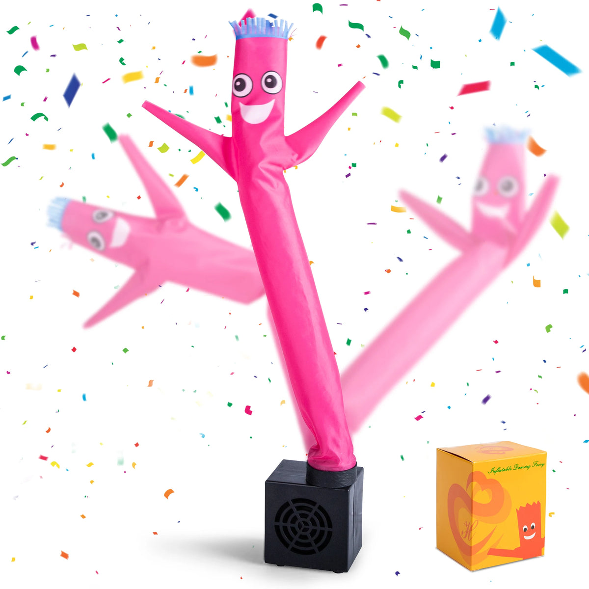 Pink inflatable tube guy with a blower for desk and party decor