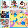 A colorful play dough tool kit for kids showing various extruders, cutters, and rollers being used by children.