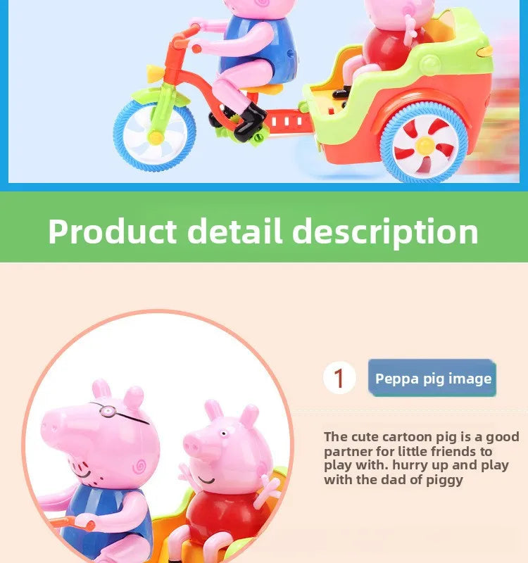 A pink piggy ride-on toy car with a pink pig figure is shown in a bright outdoor setting.
