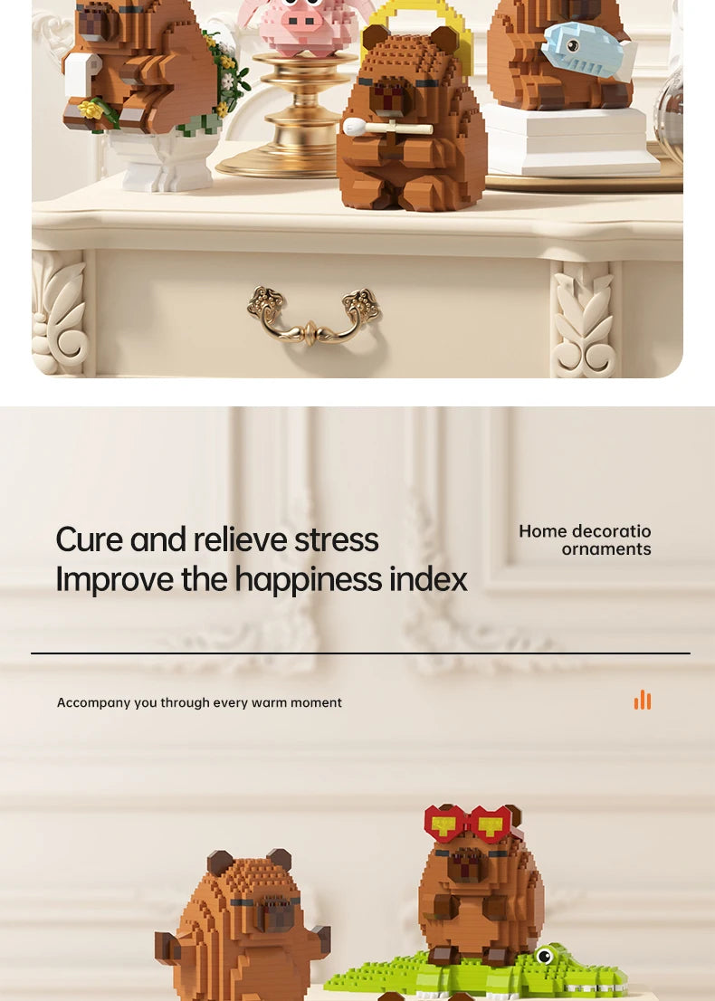A set of wooden building blocks shaped like cute bears and a green crocodile, used for DIY models.