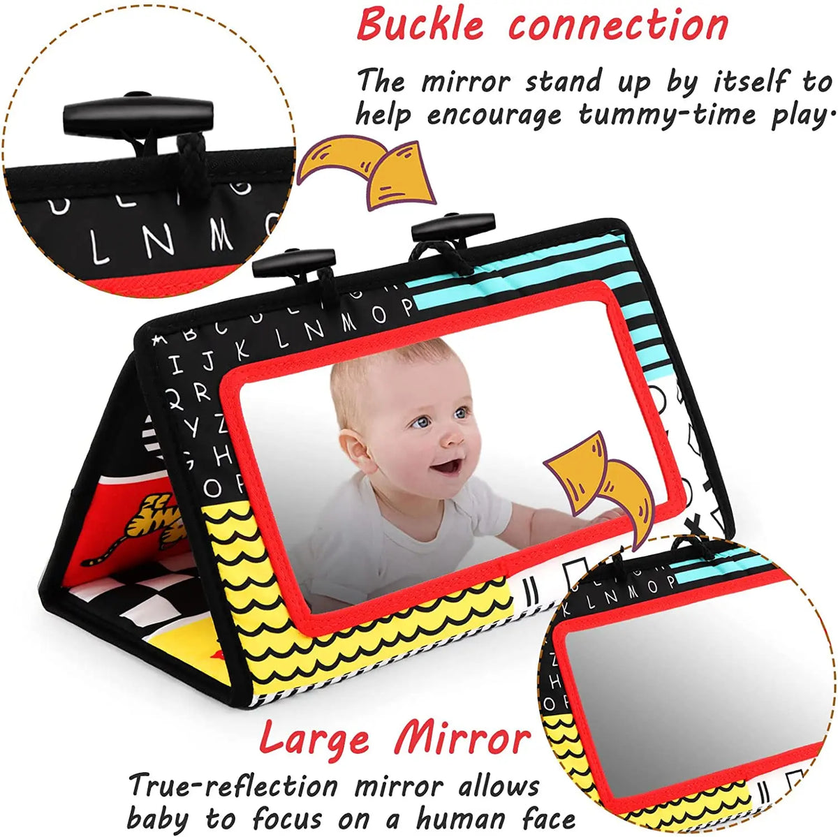High-Contrast Tummy Time Baby Mirror with Crinkle Cloth Book and Teether