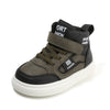 A pair of dark olive green and black high-top sneakers with textured fabric and white soles.