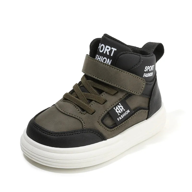 A pair of dark olive green and black high-top sneakers with textured fabric and white soles.