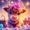 A fluffy orange calf with pink flowers on its head sits among colorful Easter eggs.