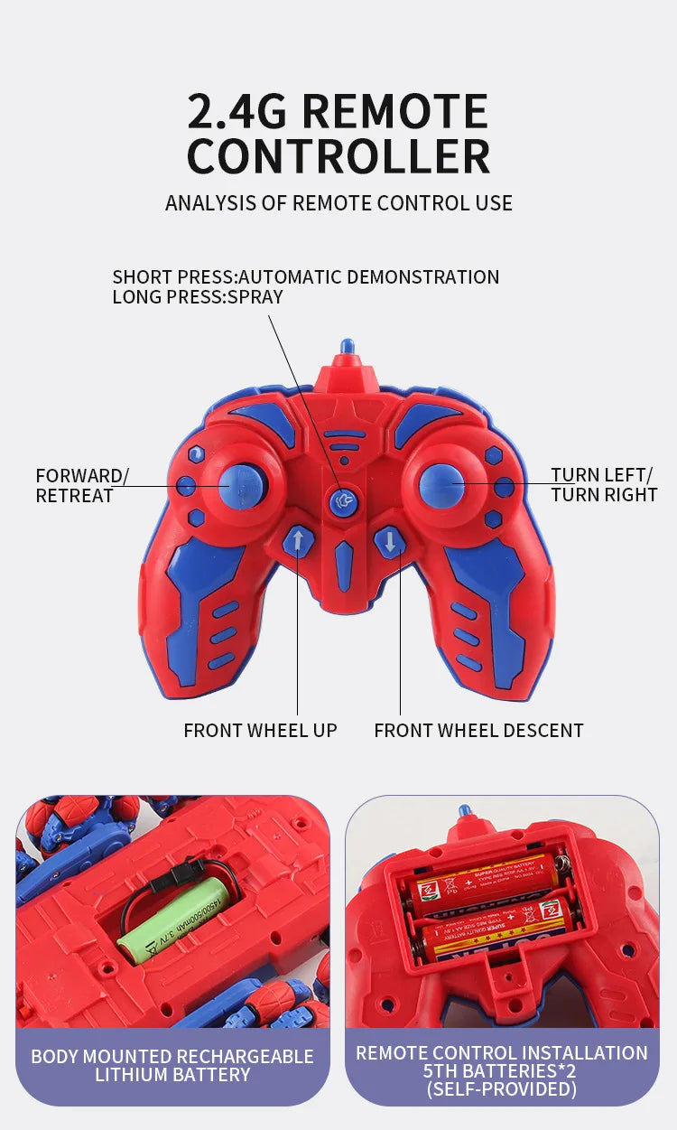 A red 2.4G remote controller for a stunt car, showing controls and battery installation details.