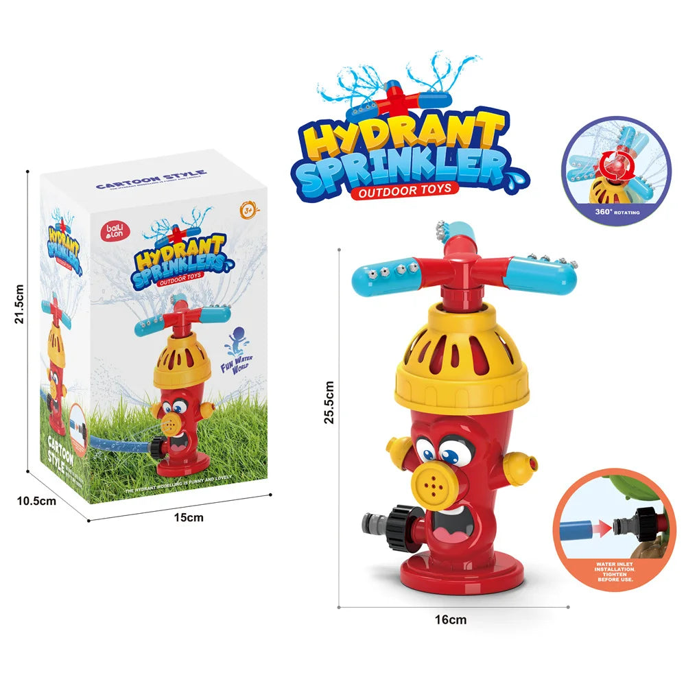 A yellow and red hydrant sprinkler toy for outdoor play with blue water sprayers.
