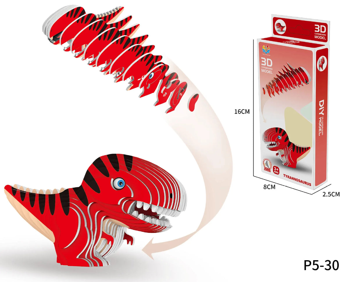 A red Tyrannosaurus dinosaur model and its corresponding 3D paper puzzle set box.