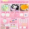 A box set of 66 pieces for DIY glue pinch fun including molds, ingredients, and tools for making squishy items.
