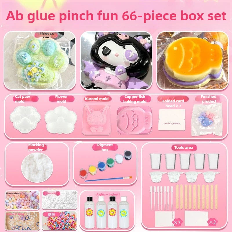 A box set of 66 pieces for DIY glue pinch fun including molds, ingredients, and tools for making squishy items.