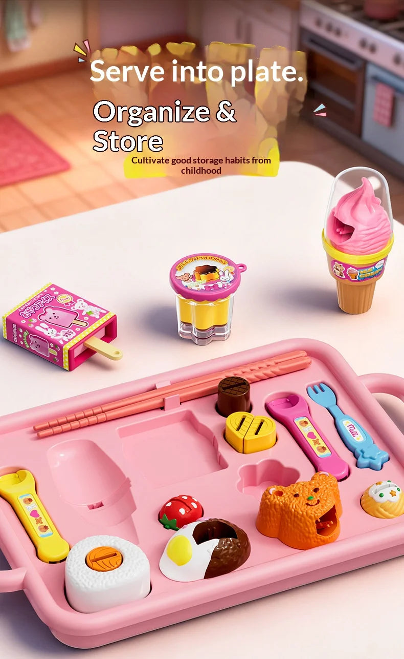 A pink plastic food set featuring various pretend foods like pudding and fruit in a tray.