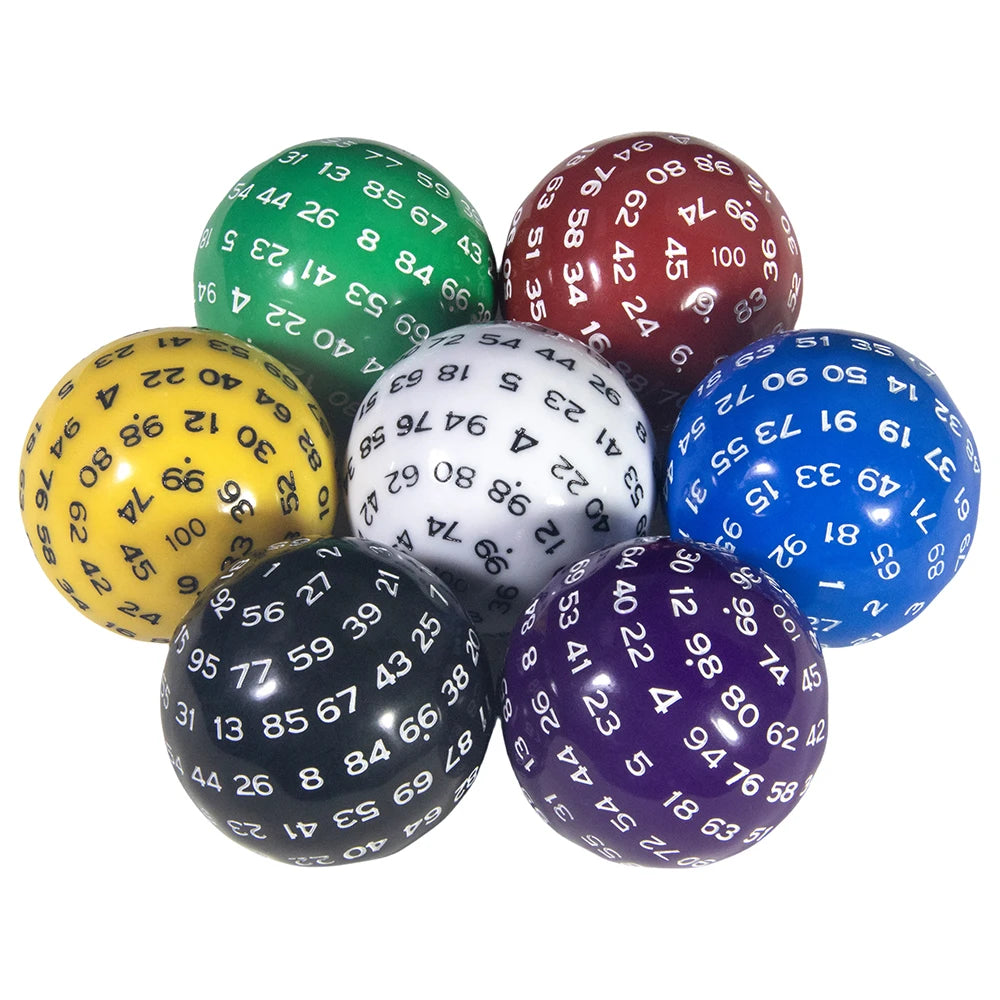 A collection of 100-sided polyhedral dice in various colors including green red yellow and blue