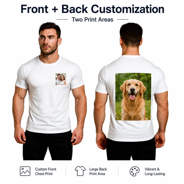 A man models a white t-shirt with a custom photo print on the front and a large photo print on the back.