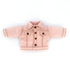A pink denim jacket for 1/12 scale dolls with a collar and button closure.