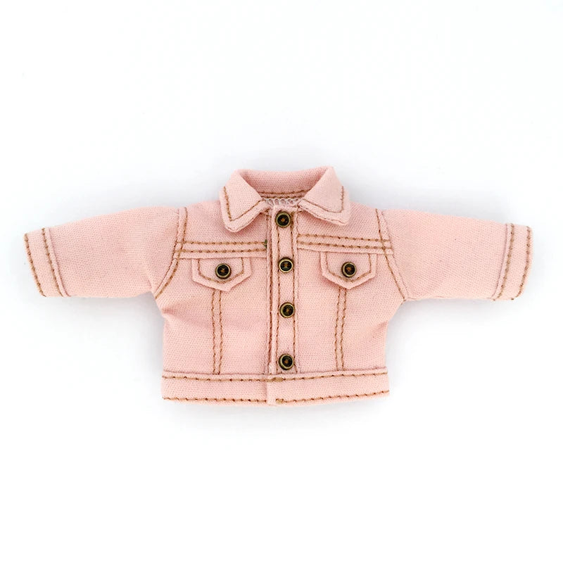 A pink denim jacket for 1/12 scale dolls with a collar and button closure.