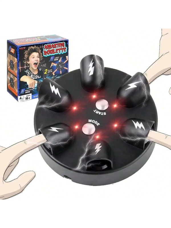 A hand is operating an electric shock party game called Six-Finger Roulette Challenge, which features a black disc with elect