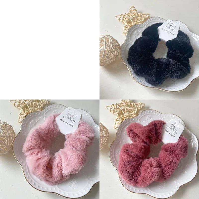 Plush Knit Scrunchie Hair Ties with Leather Accent