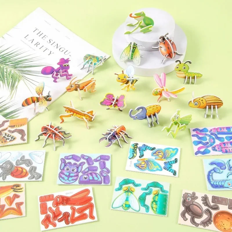 A collection of 30 paper puzzle pieces featuring various animals and vehicles for a DIY craft kit.