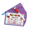 A stack of purple alphabet flash cards with a red marker and a blue loop.