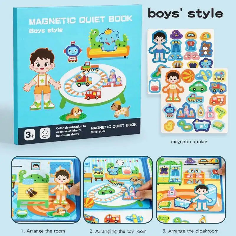 A box of Magnetic Quiet Book for boys style featuring colorful wooden toys and stickers.