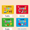 Four colorful matching card games for kids featuring traffic, animals, fruits, and daily necessities.