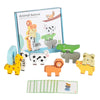 A wooden animal balance and coordination game featuring various animals and shape matching cards.
