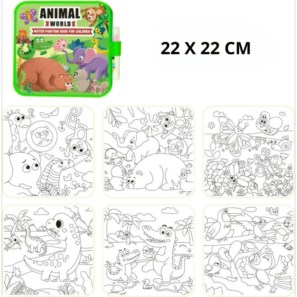 A set of black and white line drawings for a magic water painting book for children.